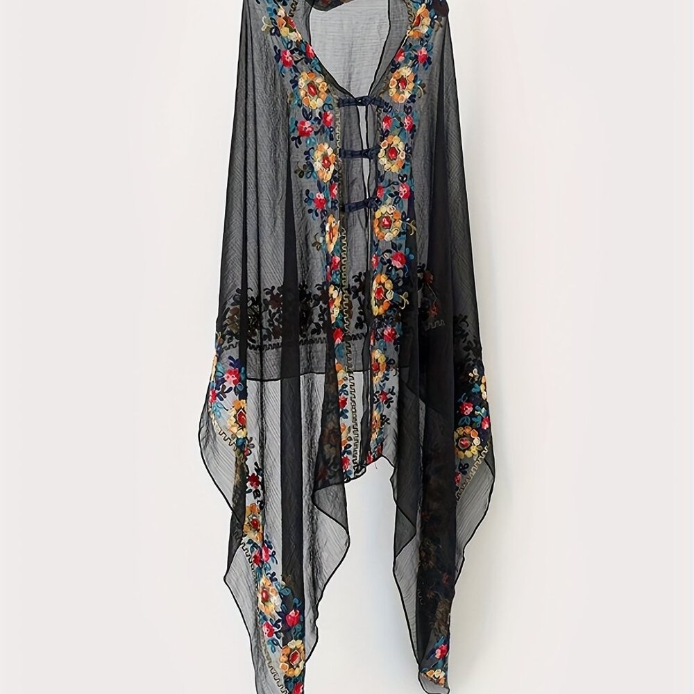 Hand-Embroidered‎ Black Clasp Shawl Semi-Sheer floral NEW beach shawl OS